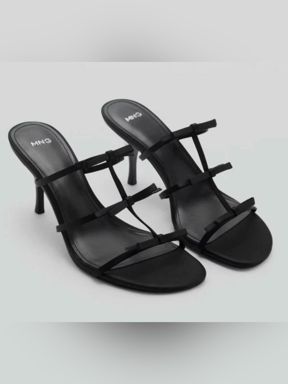 MANGO MNG BLACK SATIN BOW STRAPPY HEELED SANDALS SLIP ON HEELS SHOES 39 US 8.5